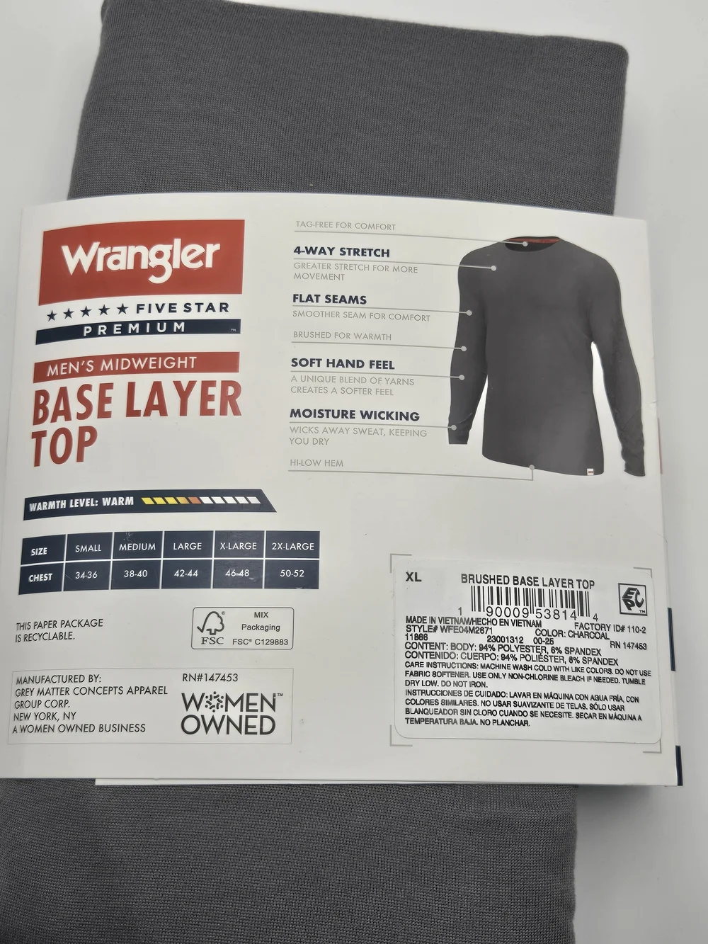 Set Of 3 XL Wrangler Men's Midweight Base Layer Top - Charcoal Gray New